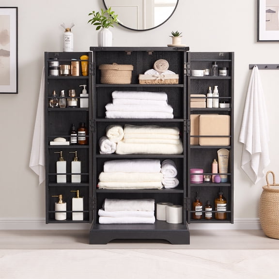 IFMUST 47" Kitchen Pantry Cabinet, Farmhouse Storage Cabinet with Adjustable Shelves for Kitchen, Dining Room, Bathroom - Black