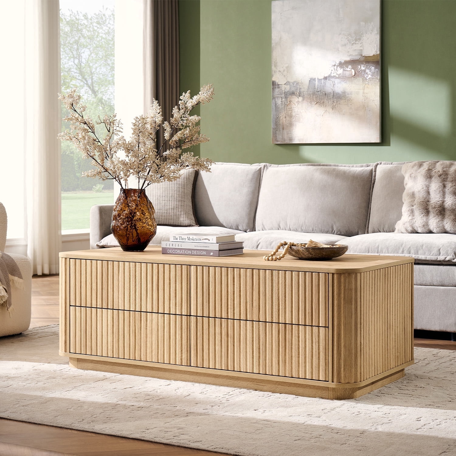 IFMUST 51" Modern Fluted Coffee Table with Storage, 4 Drawers, Rounded Edges,Hidden Storage