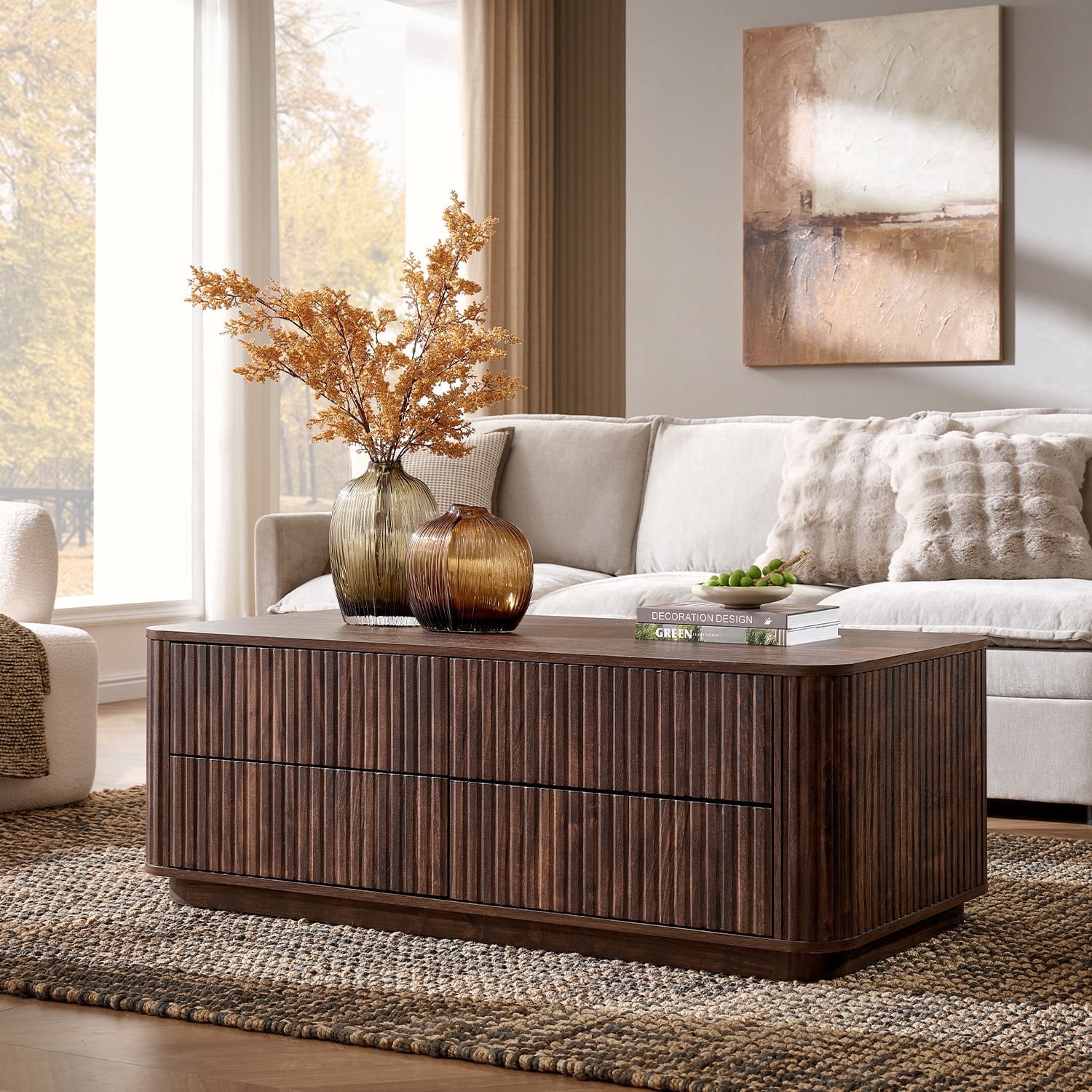 IFMUST 51" Modern Fluted Coffee Table with Storage, 4 Drawers, Rounded Edges,Hidden Storage