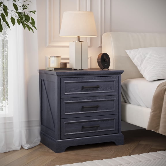 IFMUST Farmhouse 3 Drawers Nightstand with Charging Station, Rustic Wood Nightstand with Drawers for Bedroom, Living Room, Black