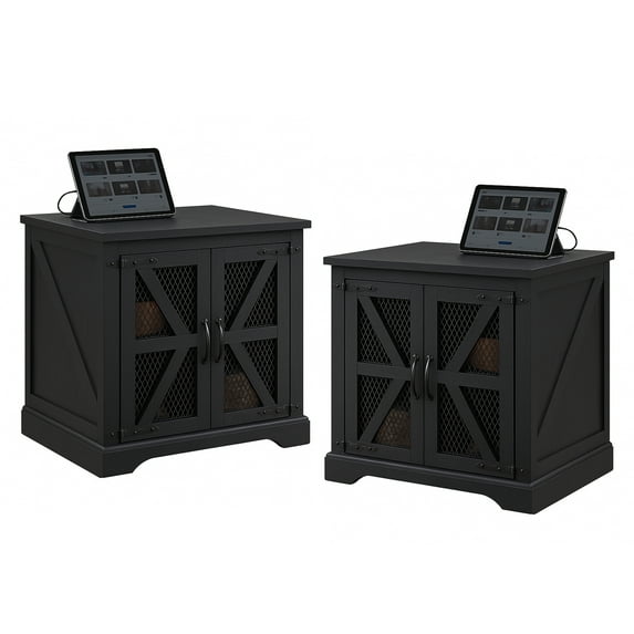 IFMUST Farmhouse End Table Set of 2 with Charging Station for Living Room, Rustic Nightstand for Bedroom, Black