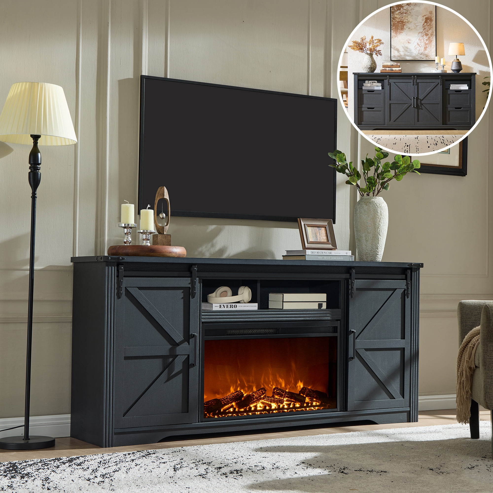 IFMUST Farmhouse Fireplace TV Stand for TVs up to 80", 30" Electric Fireplace & Barn Door