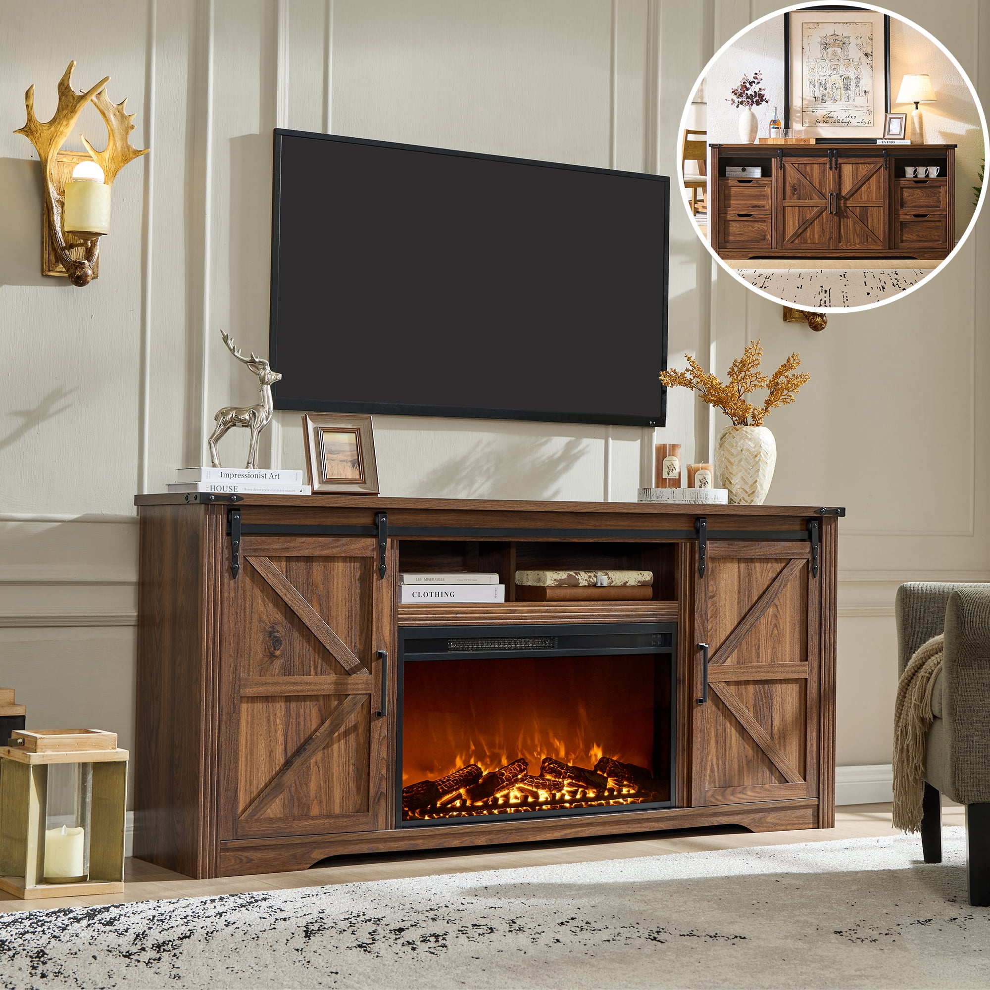 IFMUST Farmhouse Fireplace TV Stand for TVs up to 80", 30" Electric Fireplace & Barn Door