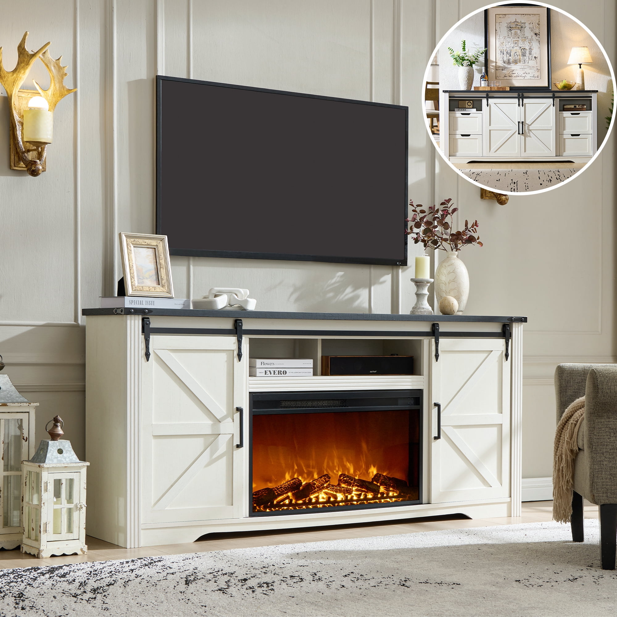 IFMUST Farmhouse Fireplace TV Stand for TVs up to 80", 30" Electric Fireplace & Barn Door