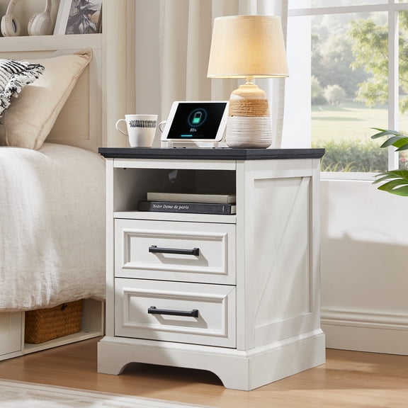 IFMUST Farmhouse Nightstand with Charging Station, End Table with 2 Drawers Storage, White