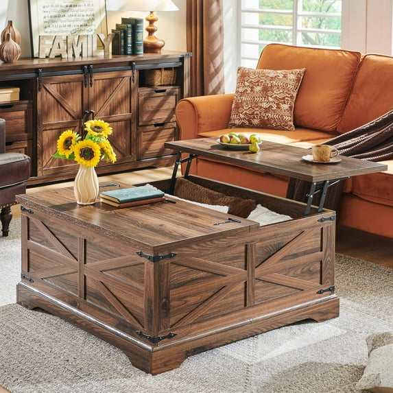 IFMUST Farmhouse Square Lift Top Coffee Table with Storage, Wood Center Table for Living Room, Brown