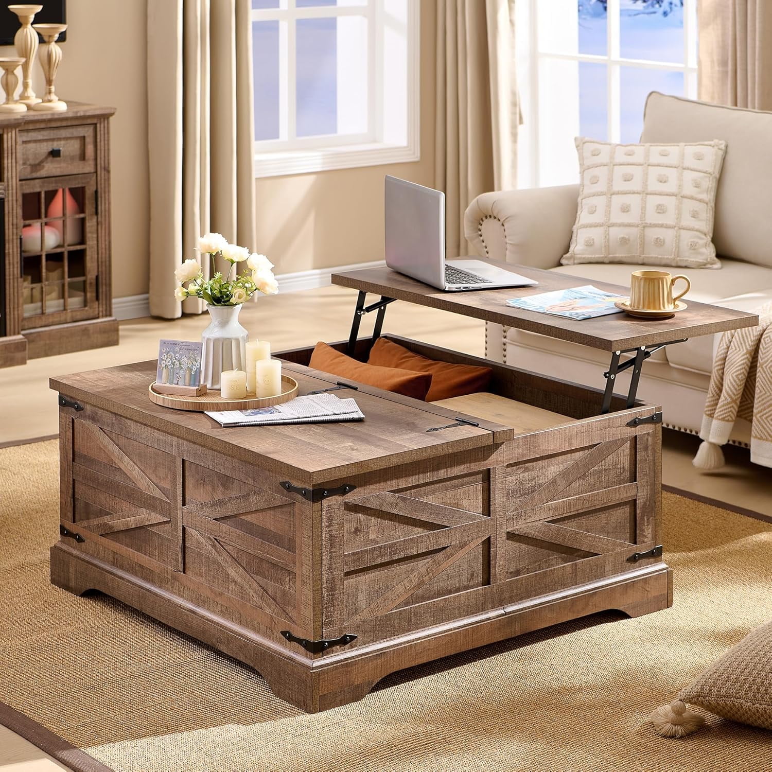 Light Brown Square Wood Lift-Top Coffee Table with Hidden Storage