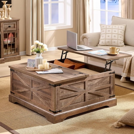 IFMUST Farmhouse Square Lift Top Coffee Table with Storage, Wood Center Table for Living Room, Light Brown
