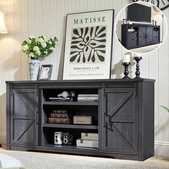 IFMUST Farmhouse TV Stand for TVs Up to 75", 4-Drawer Storage & Sliding Barn Doors