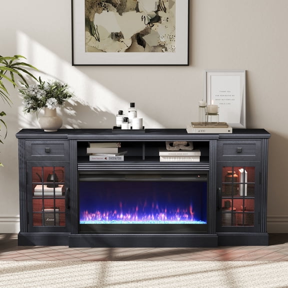 IFMUST 70" LED Fireplace TV Stand for TVs up to 80" , Farmhouse Entertainment Center with 36" Electric Fireplace and Storage Drawer, Black