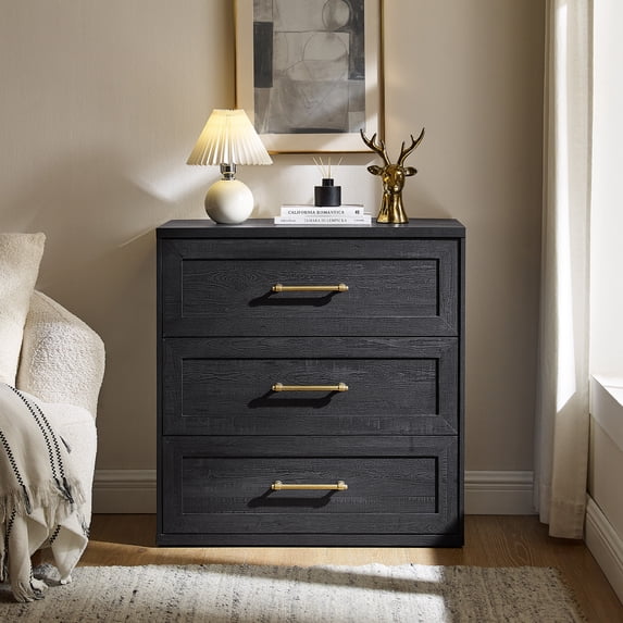 IFMUST Modern Nightstand, 18" Arched Panel 3 Drawers Wood Side Table with Charging Station, Wood Square Bedside End Table for Bedroom Living Room, Black