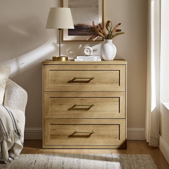 IFMUST Modern Nightstand, 18" Arched Panel 3 Drawers Wood Side Table with Charging Station, Wood Square Bedside End Table for Bedroom Living Room, Natural Oak
