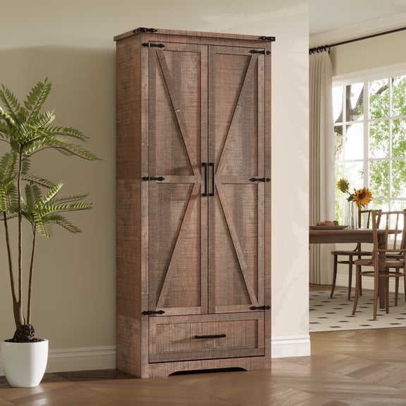 IFMUST 72" Farmhouse Kitchen Pantry Storage Cabinet with Barn Doors & Adjustable Shelves