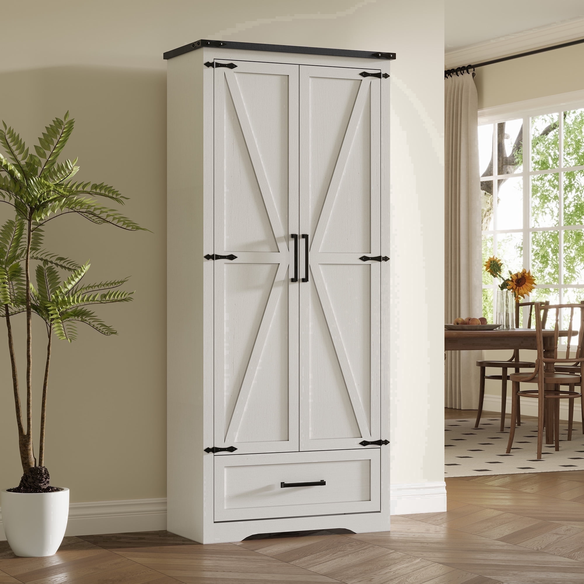 IFMUST 72" Farmhouse Kitchen Pantry Storage Cabinet with Barn Doors & Adjustable Shelves