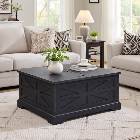 IFMust 36" Farmhouse Lift-Top Coffee Table with Dual Hydraulic Lift, Hidden Storage, and Square Design for Living Room,Black