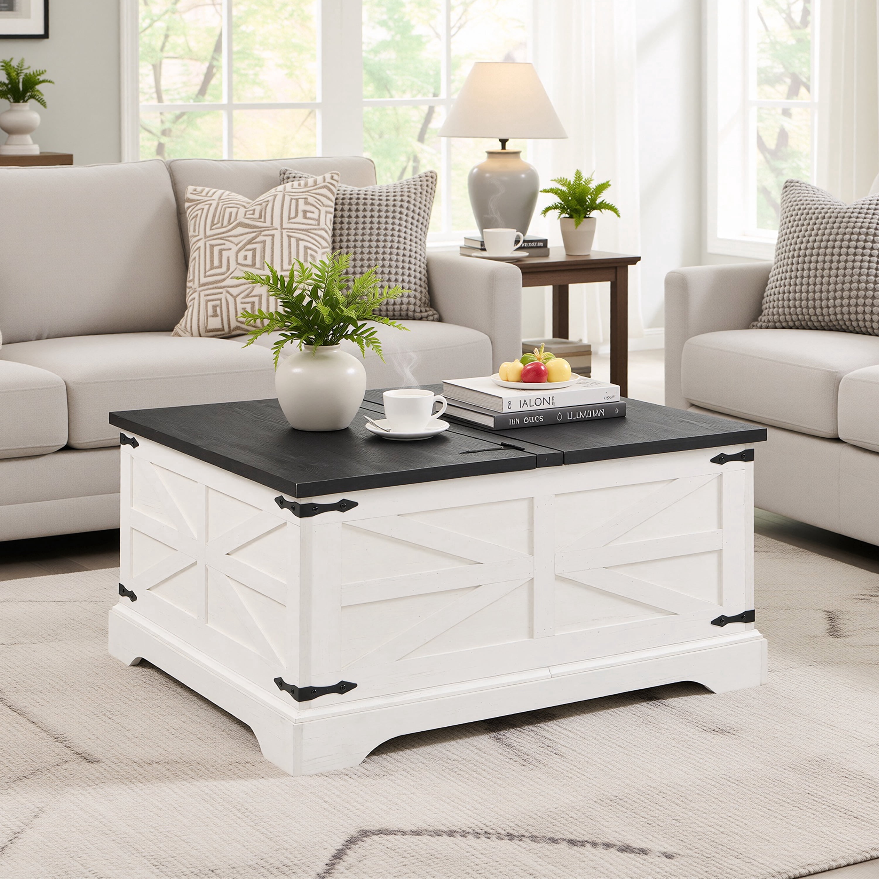 IFMust Farmhouse Lift-Top Coffee Table with Dual Hydraulic Lift, Hidden Storage, and Square Design for Living Room,White