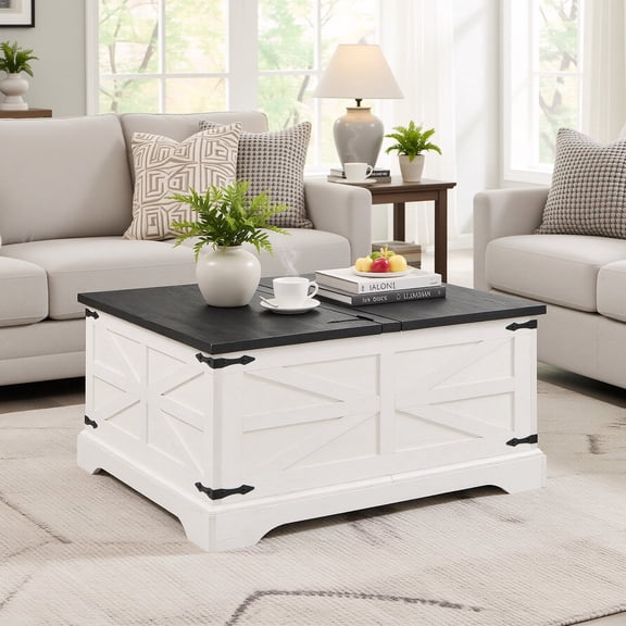 IFMust Farmhouse Lift-Top Coffee Table with Dual Hydraulic Lift, Hidden Storage, and Square Design for Living Room,White