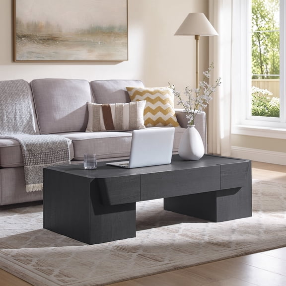 IFMust 47" Modern Coffee Table, Sturdy Block Legs Design Console Table with 2 Hidden Drawers for Living Room, Bedroom, Office,Black