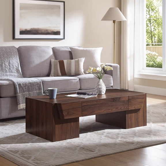 IFMust 47" Modern Coffee Table, Sturdy Block Legs Design Console Table with 2 Hidden Drawers for Living Room, Bedroom, Office,Brown