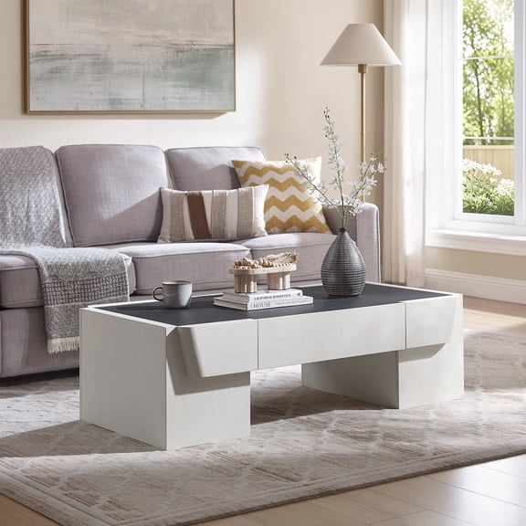 IFMust 47" Modern Coffee Table, Sturdy Block Legs Design Console Table with 2 Hidden Drawers for Living Room, Bedroom, Office,White