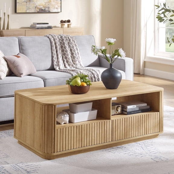 IFMUST 51" Modern Fluted Coffee Table with 2 Hidden Drawers, 2 Open Shelves & Curved Edges