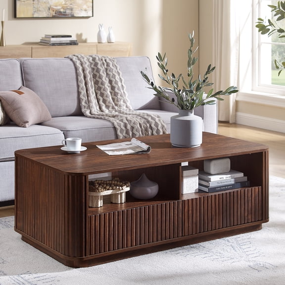 IFMust 51" Modern Coffee Table, Grooved Design Console Table with 2 Drawers and Open Shelf for Living Room, Bedroom ,Walnut