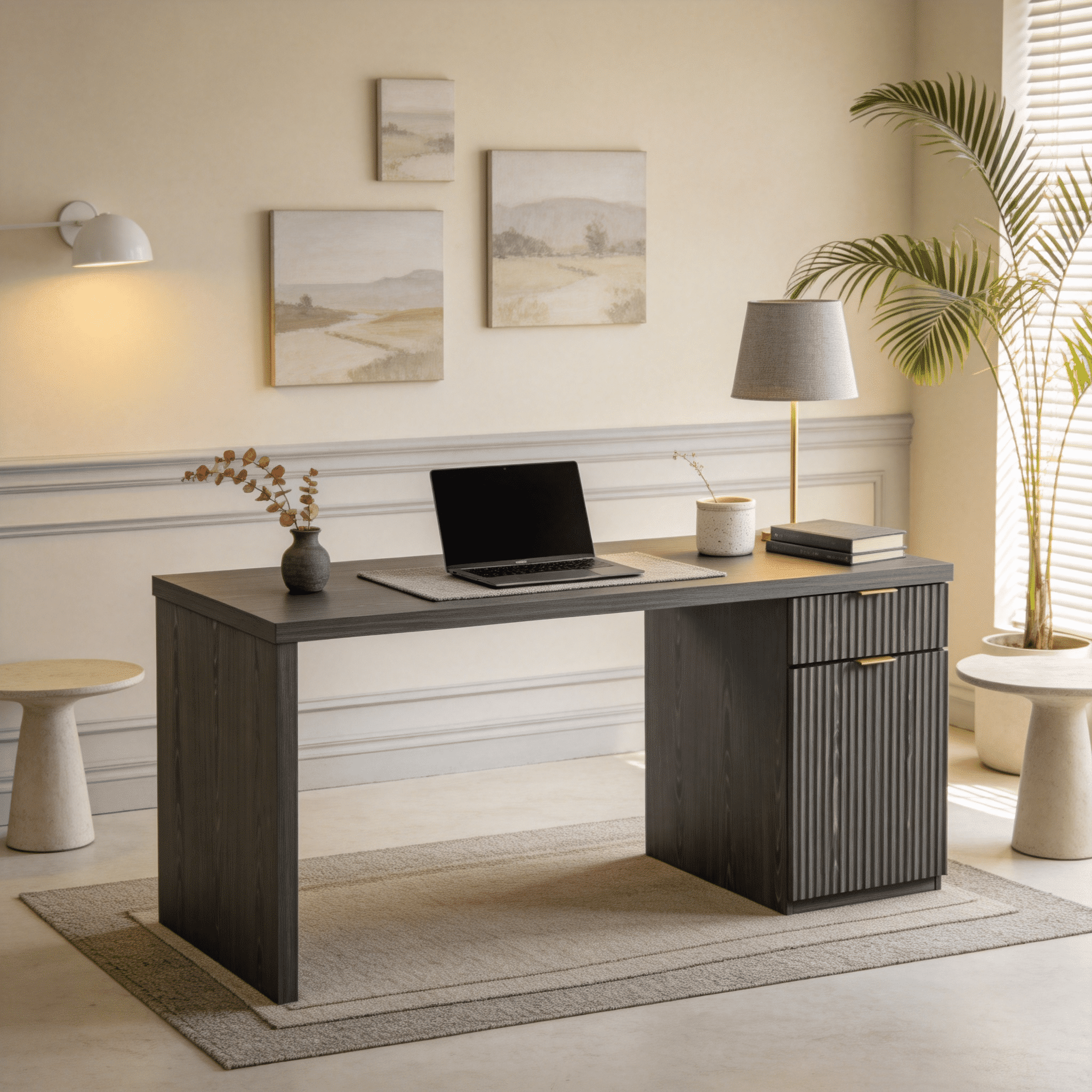 IFMust 60" Home Office Desk with Storage Drawer & Cabinet, Modern Executive Desk with Charging Station, Fluted Computer Desk for Study, Living Room, Grayish Green