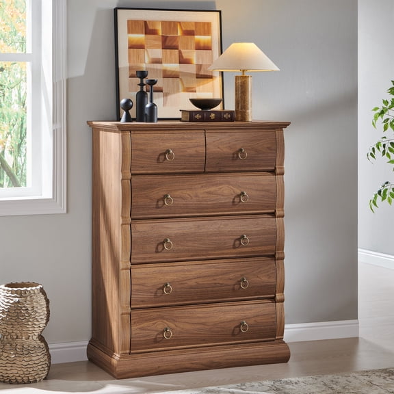 IFMust French Vintage Tall Dresser with 6 Drawers and Anti-Tip Safety for Bedroom, Living Room,Walnut color