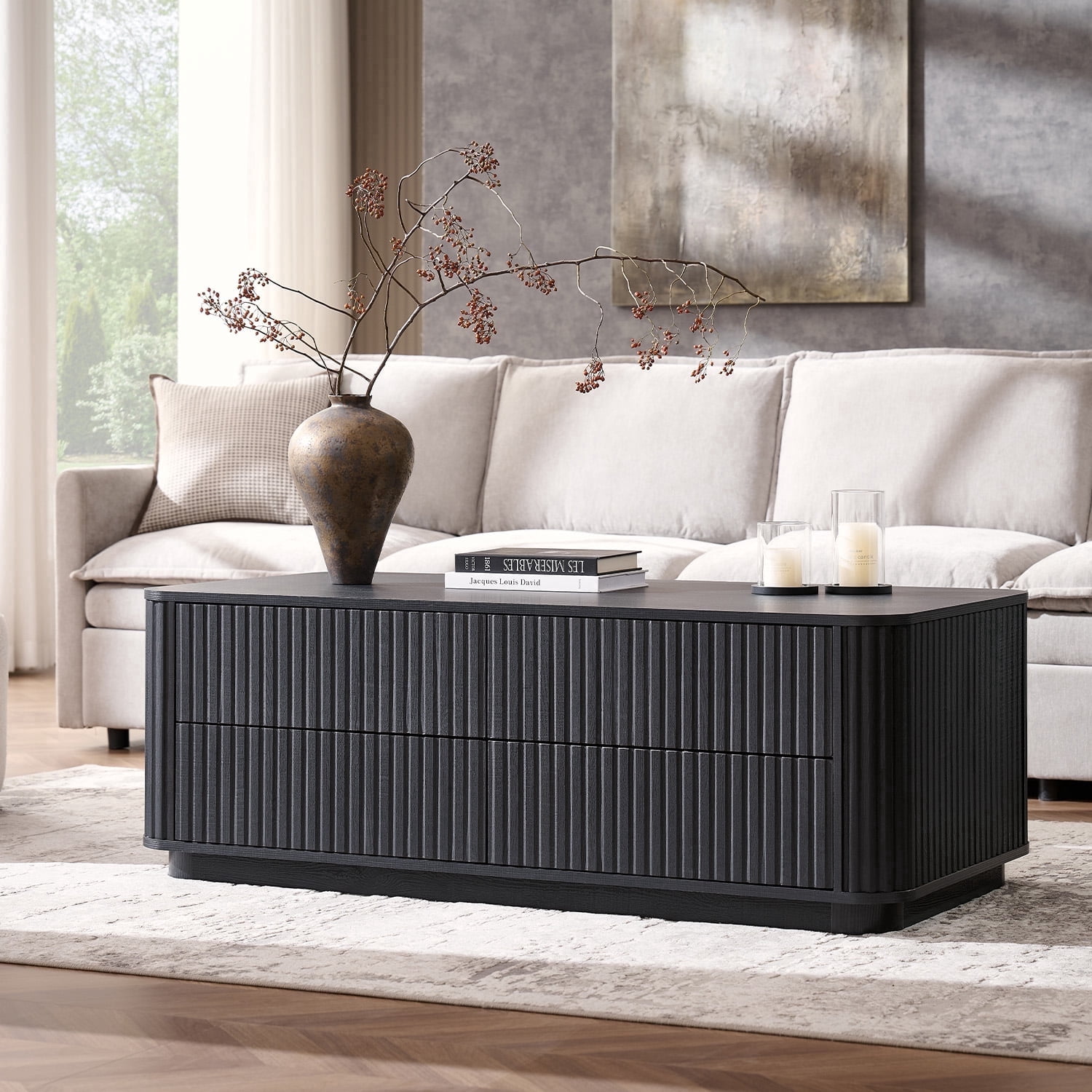 IFMUST 51" Modern Fluted Coffee Table with 4 Hidden Drawers, Curved Edges, for Living Room