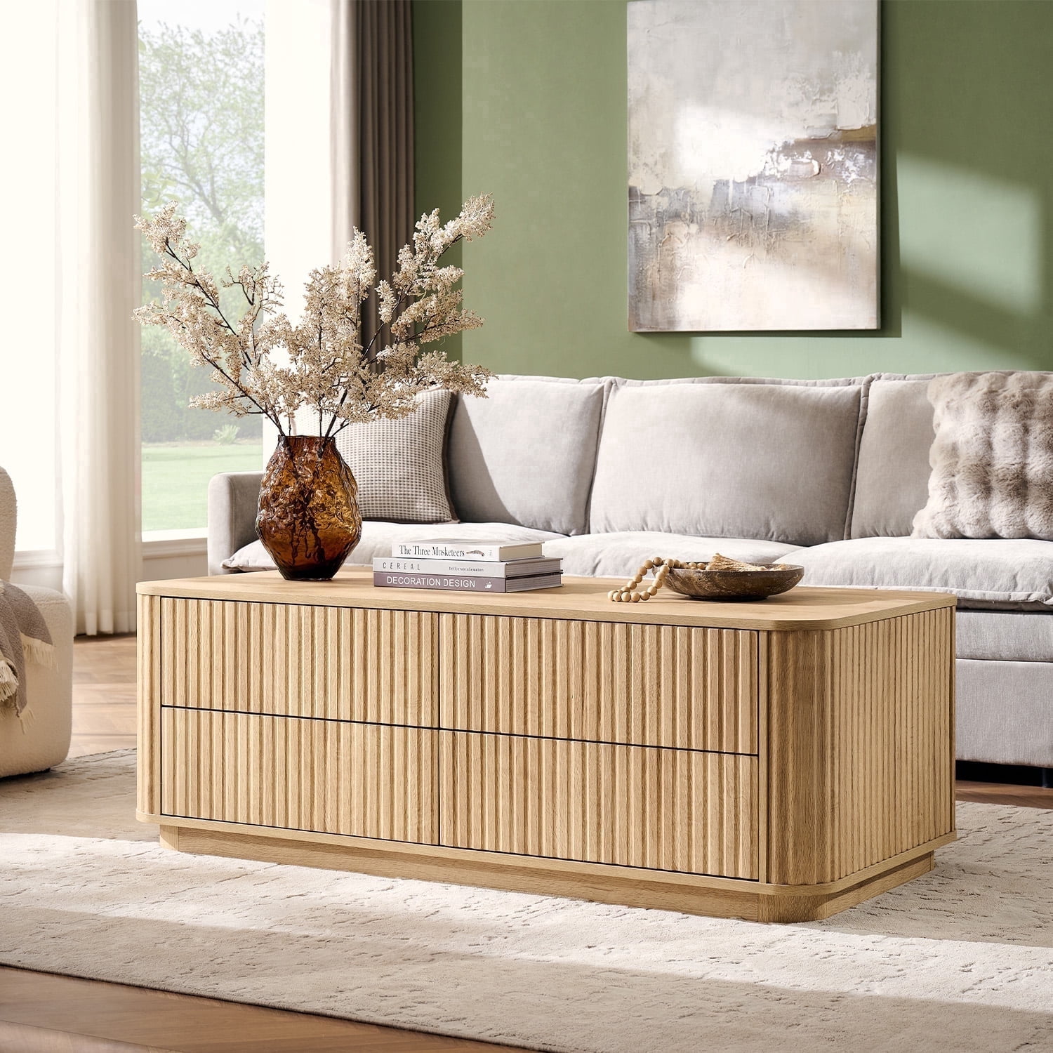IFMUST 51" Modern Fluted Coffee Table with 4 Hidden Drawers, Curved Edges, for Living Room