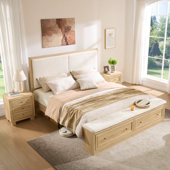 IFMust Organic Modern King Size Bed Frame with Upholstered Headboard & Footboard Storage Drawers,Natural Oak