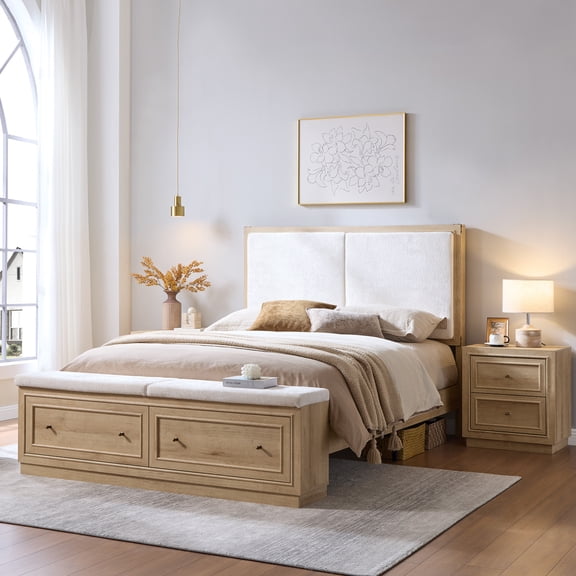 IFMust Organic Modern Queen Size Bed Frame with Upholstered Headboard & Footboard Storage Drawers,Natural Oak