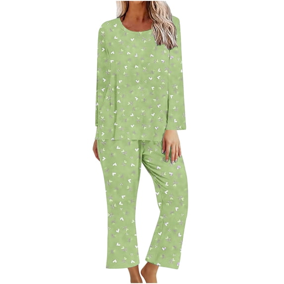 IFNND 2 Pack Womens Pajama Sets Printed Crewneck Long Sleeve Pajamas Top and Pants