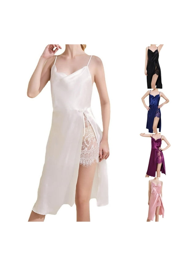 Nightgown Satin Lingerie Silk Chemise Mini Slips V Neck Negligee Sleepwear with Adjustable Straps