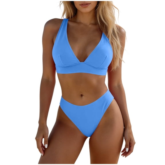 IFNWSV Bathing Suit for Women 2 Piece Bikini Set Solid Color Drawstring Side High Waist Push Up Padded Top Adjustable Straps Blue M