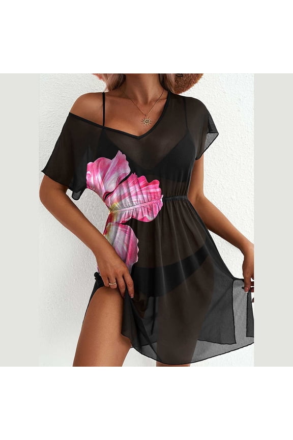 Black Dresses for Women V Neck Short Sleeve Illusion Mesh Sheer Insert Waist Tie Midi Dress Black XL
