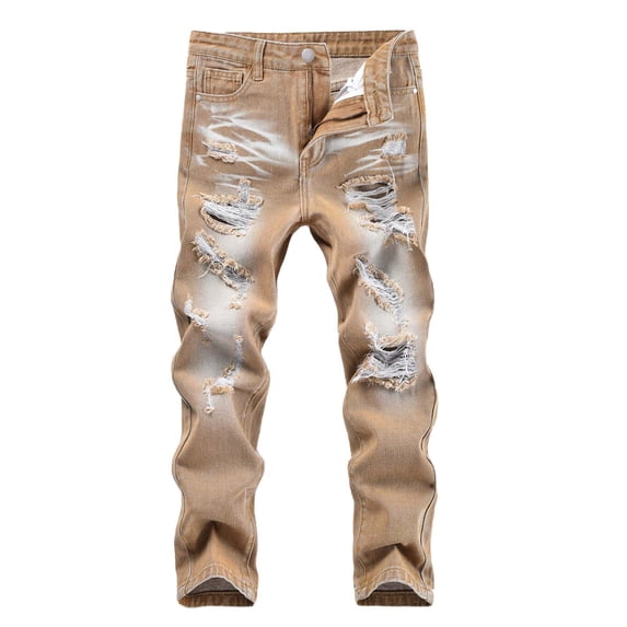 IFNWSV Boys Jeans Ripped Distressed Elastic Waistband Loose Straight Leg Stretchy Comfortable Casual Denim Pants Khaki 9 Years
