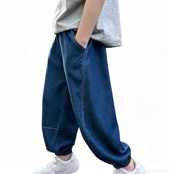 IFNWSV Boys Jeans Solid Color Tencel Blend Elastic Waistband Mosquito Proof Lightweight Casual Denim Pants Blue 7-8 Years