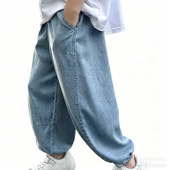 IFNWSV Boys Jeans Solid Color Tencel Blend Elastic Waistband Mosquito Proof Lightweight Casual Denim Pants Light Blue 7-8 Years