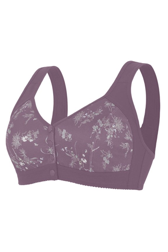 Bras for Older Women Floral Print Front Closure Cotton Tank Style Lightweight Adjustable Daily Bra Purple L