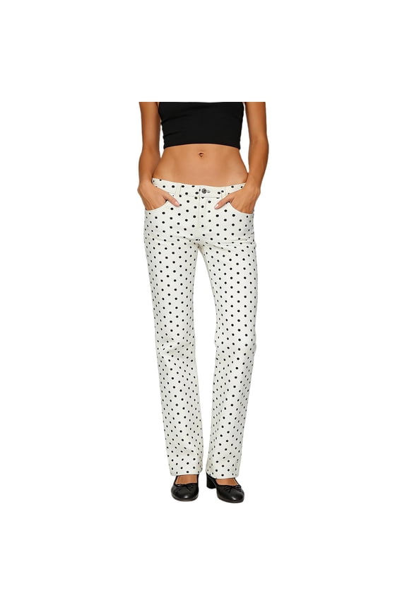 Dress Pants Women Polka Dot Print Button Fly Straight Leg Denim Jeans with Pockets High Waist Stretchy Casual Workwear White M