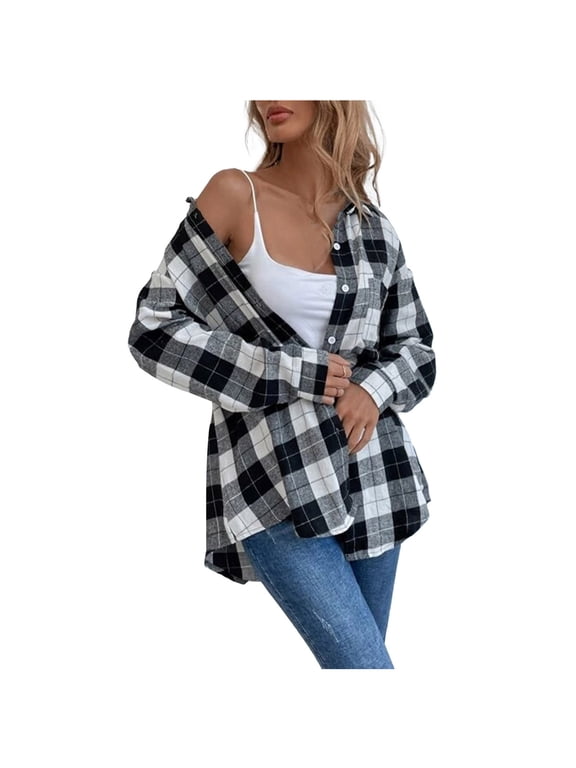 Fall Jackets for Women Hoodless Lapel Collar Long Sleeve Plaid Button Front Pockets Loose Casual Duster