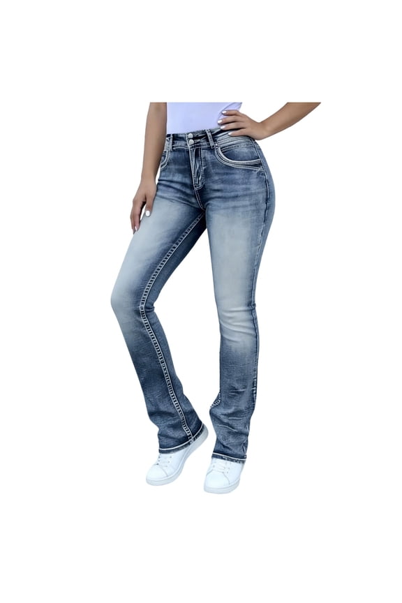 Flared Jeans for Women High Waisted Stretchy Denim Bootcut Pants with Pockets Casual Soft Relaxed Fit Style Blue M