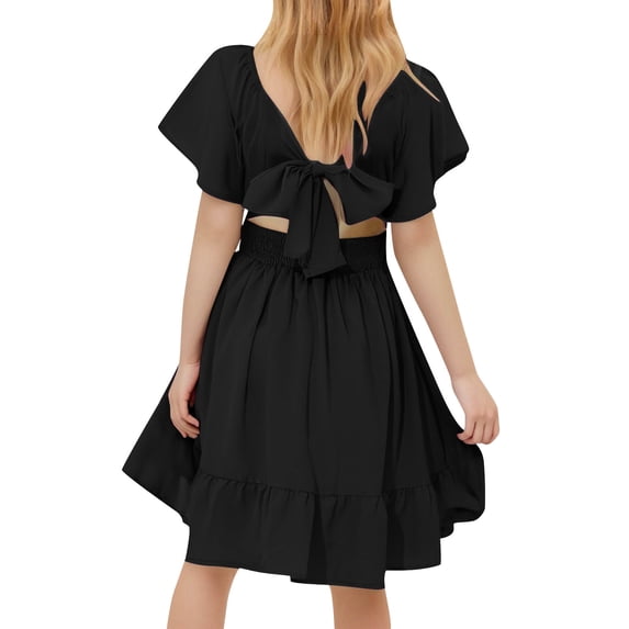 IFNWSV Girl Tops Ruffle Short Sleeve Tie Back Dress Kids Off Shoulder A-line Dresses Black 14 Years