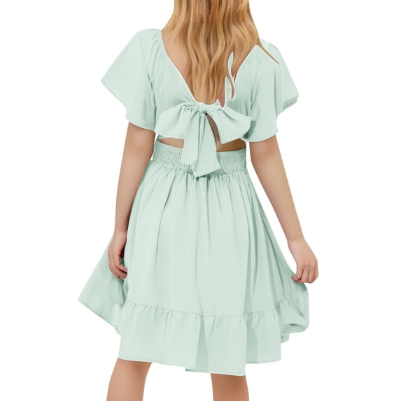 IFNWSV Girl Tops Ruffle Short Sleeve Tie Back Dress Kids Off Shoulder A-line Dresses Mint Green 10 Years