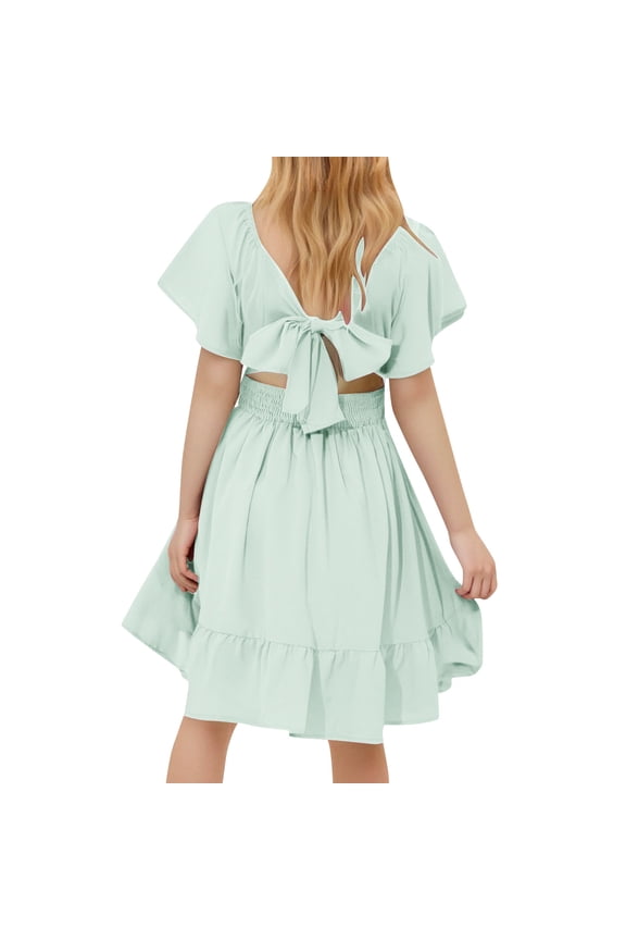 Girl Tops Ruffle Short Sleeve Tie Back Dress Kids Off Shoulder A-line Dresses Mint Green 8 Years