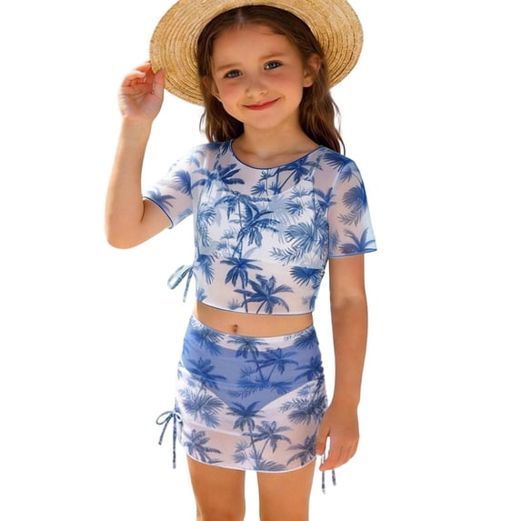 IFNWSV Girls Bathing Suit Summer Print Split-body Swimsuit Four-piece Set Blue 10 Years