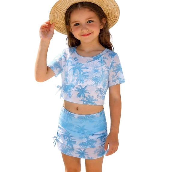 IFNWSV Girls Bathing Suit Summer Print Split-body Swimsuit Four-piece Set Sky Blue 10 Years