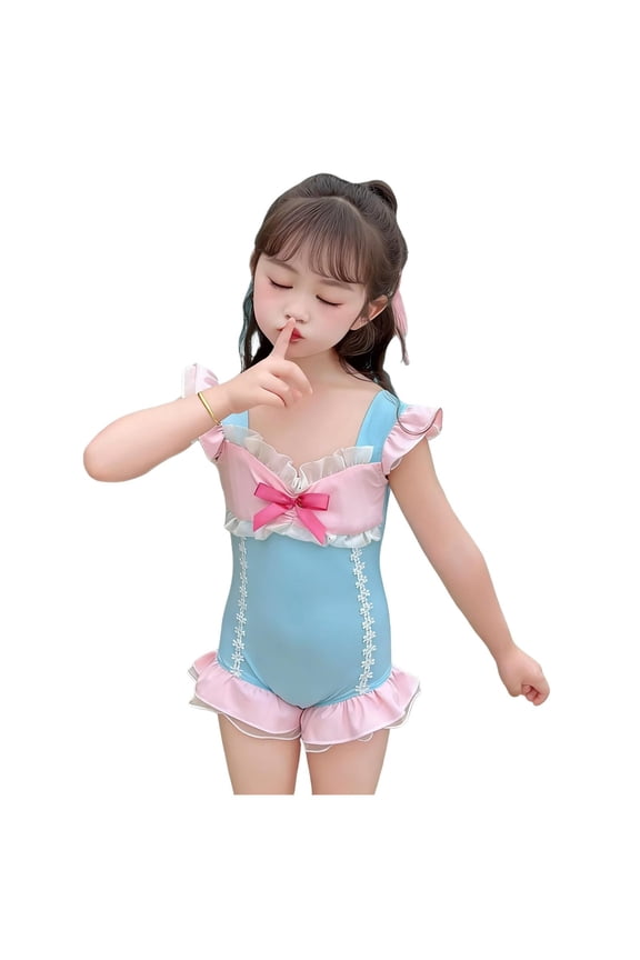 Girls Bathing Suit Swimsuit Summer Bow Swimsuit Little Fly Sleeve Vacation Swimsuit Light Blue 8-9 Years