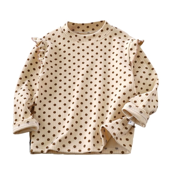 IFNWSV Girls Blouse Long Sleeve Round Neck Polka Dot Print Ruffle Sleeve Pullover Top Casual Shirt for Girls Beige 4 Years
